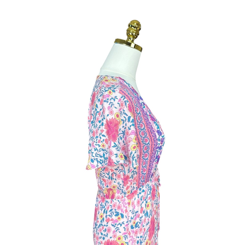 Viovimos Pink Floral Boho Maxi Dress V-Neck‎ Tiered Button Front Size S 4/6 - Picture 5 of 8